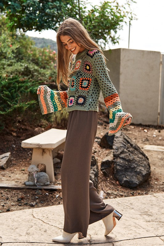 Floral-Crochet Sleeve Knit Sweater
