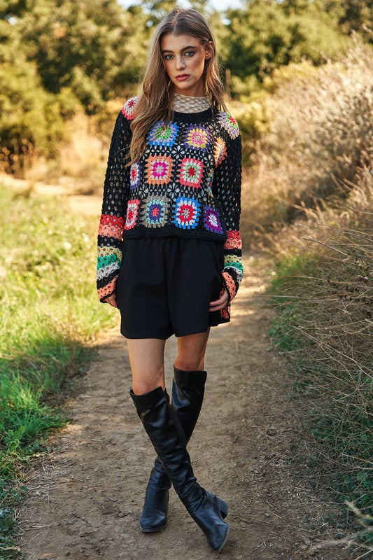 Floral-Crochet Sleeve Knit Sweater