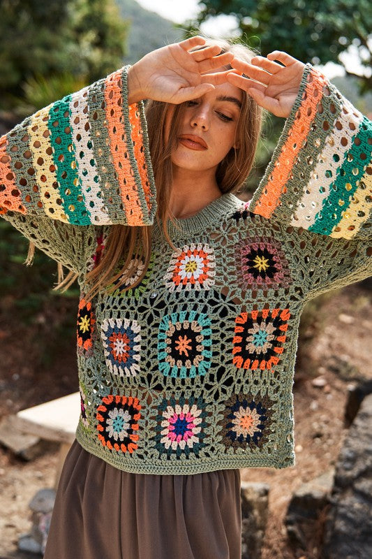 Floral-Crochet Sleeve Knit Sweater