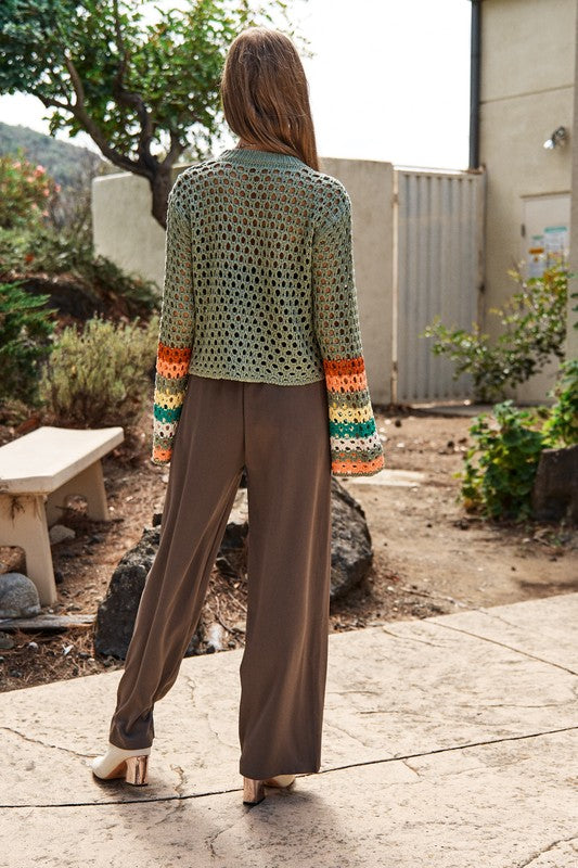 Floral-Crochet Sleeve Knit Sweater