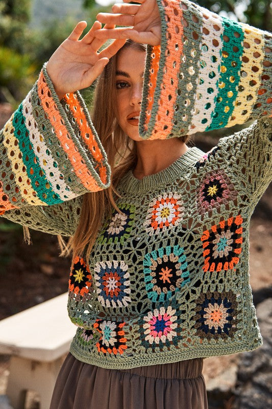 Floral-Crochet Sleeve Knit Sweater
