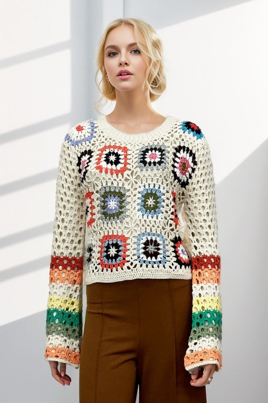 Floral-Crochet Sleeve Knit Sweater