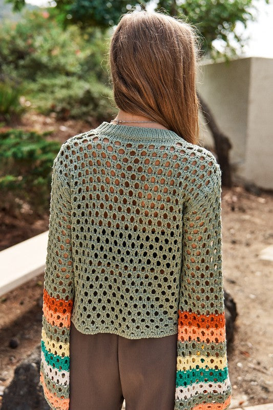 Floral-Crochet Sleeve Knit Sweater