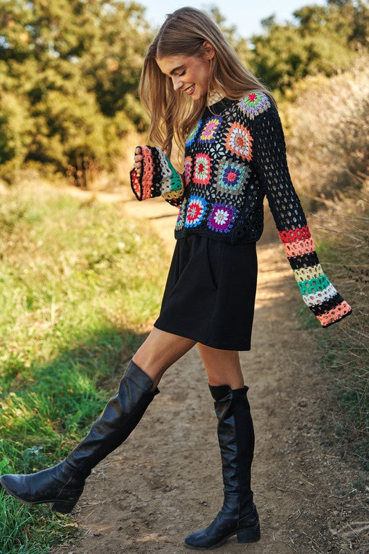 Floral-Crochet Sleeve Knit Sweater