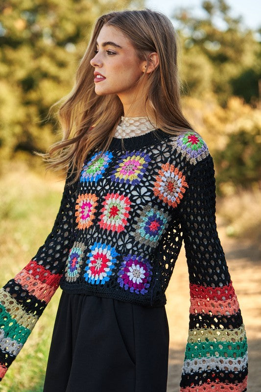 Floral-Crochet Sleeve Knit Sweater