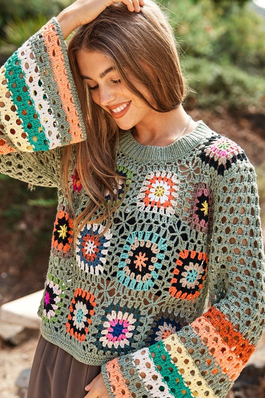 Floral-Crochet Sleeve Knit Sweater