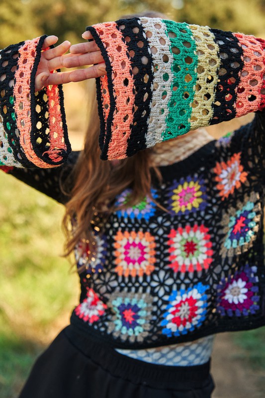 Floral-Crochet Sleeve Knit Sweater