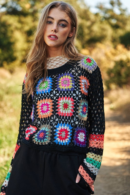 Floral-Crochet Sleeve Knit Sweater