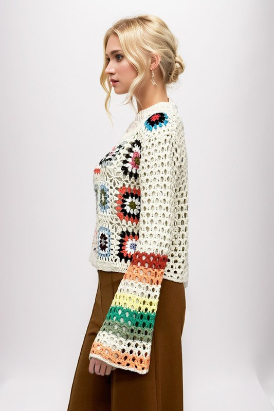 Floral-Crochet Sleeve Knit Sweater