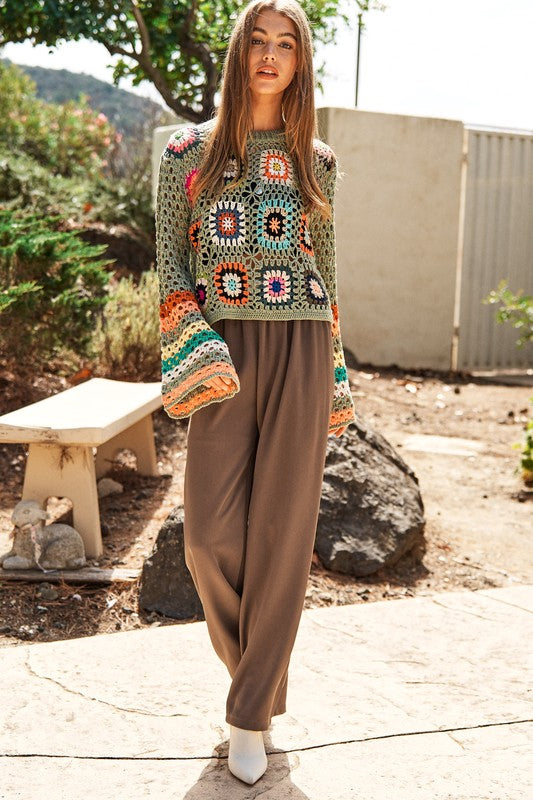 Floral-Crochet Sleeve Knit Sweater