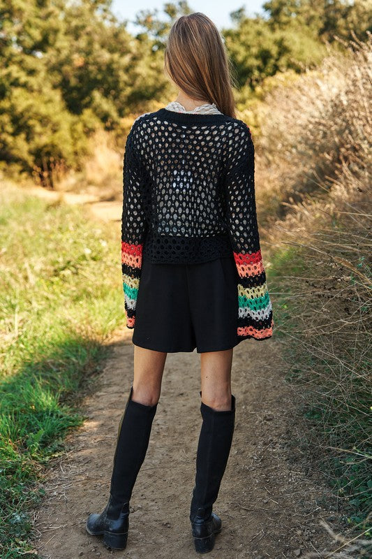 Floral-Crochet Sleeve Knit Sweater