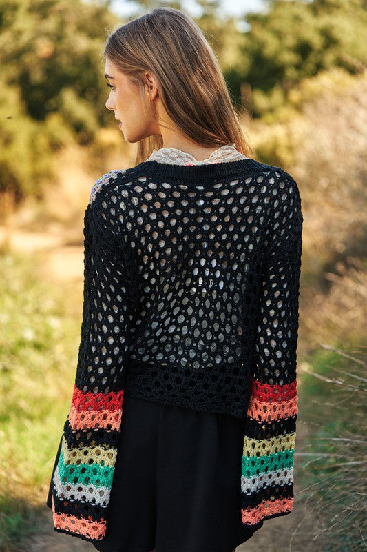 Floral-Crochet Sleeve Knit Sweater