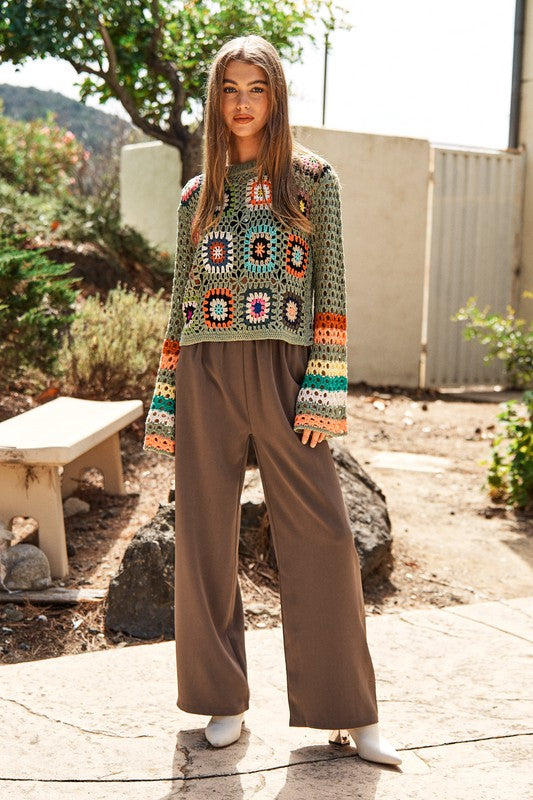 Floral-Crochet Sleeve Knit Sweater